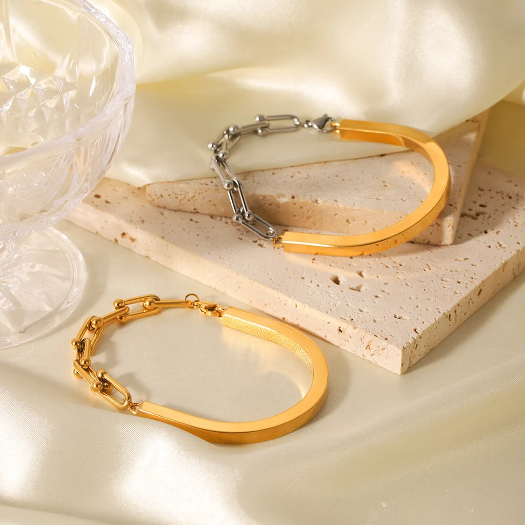 New High-End 18K Gold Plated Stainless Steel Trendy Bracelet for Women Horseshoe Buckle Chain Splicing U-Shaped Buckle Bangles
