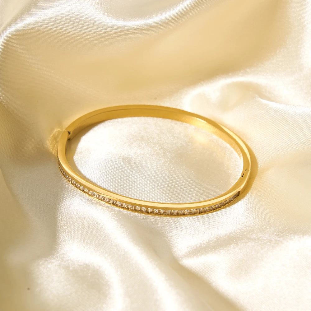 Hot Selling Gold Plated Steel Metal 18K Bracelet Bangle Zircon Inserting Narrow Band Cuff Bangle Tarnish Free