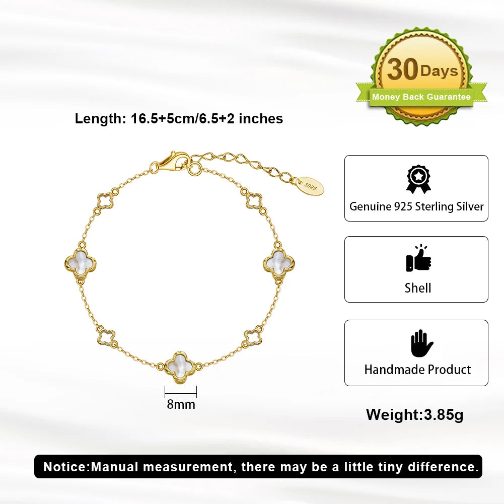 GMB68 RINNTIN Fashion Four Leaf Clover Bracelet 925 Sterling Silver Shell Pearls Bracelet