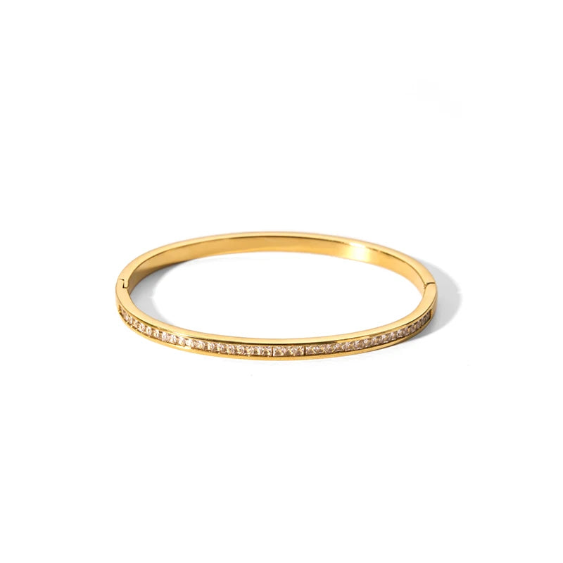 Hot Selling Gold Plated Steel Metal 18K Bracelet Bangle Zircon Inserting Narrow Band Cuff Bangle Tarnish Free